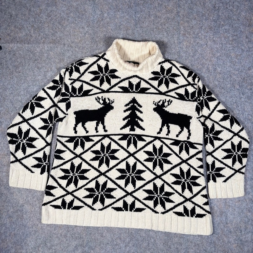 Lauren Ralph Lauren Sweater Womens 2X Cream Vtg Silk Linen Reindeer Hand Knit